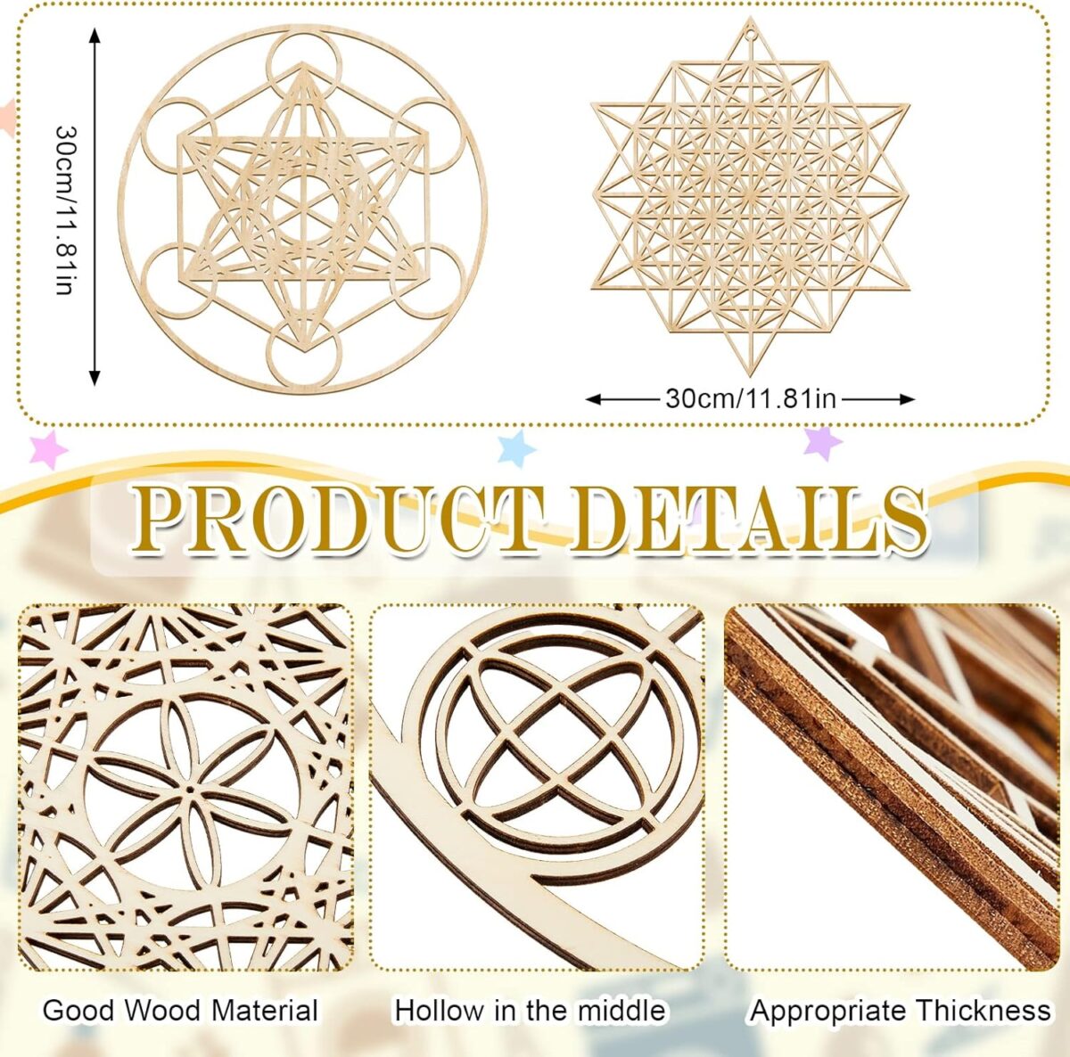 Leinuosen 4 Pcs 12 Inch Crystal Grid Board Sacred Geometric Wall Art Set Metatron Cube, Flower of Life, Sri Yantra, 64 Star Tetrahedron Pagan Decor Home Wall Decor for Room (Wood Color) - Image 2