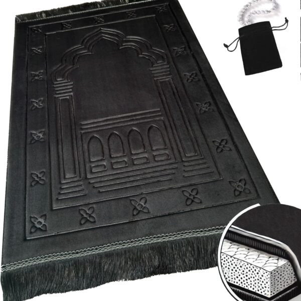 Islamika Orthopedic Prayer Rug Memory Foam Muslim Prayer mat - Padded Very Thick Prayer Rug Sajadah for Men Women for Eid Travel Ramadan, Soft and Luxury (Black) (Black)