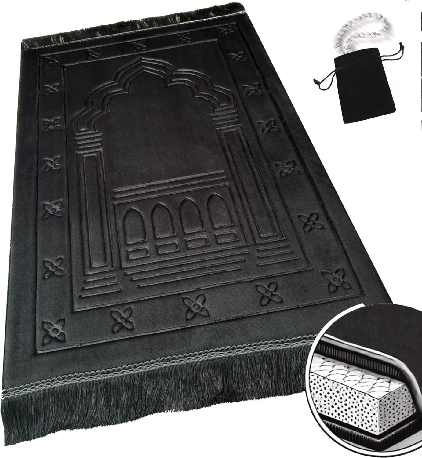81Y9MZnVwgL._AC_SL1500_.jpg Islamika Orthopedic Prayer Rug Memory Foam Muslim Prayer mat - Padded Very Thick Prayer Rug Sajadah for Men Women for Eid Travel Ramadan, Soft and Luxury (Black) (Black) - Image 1
