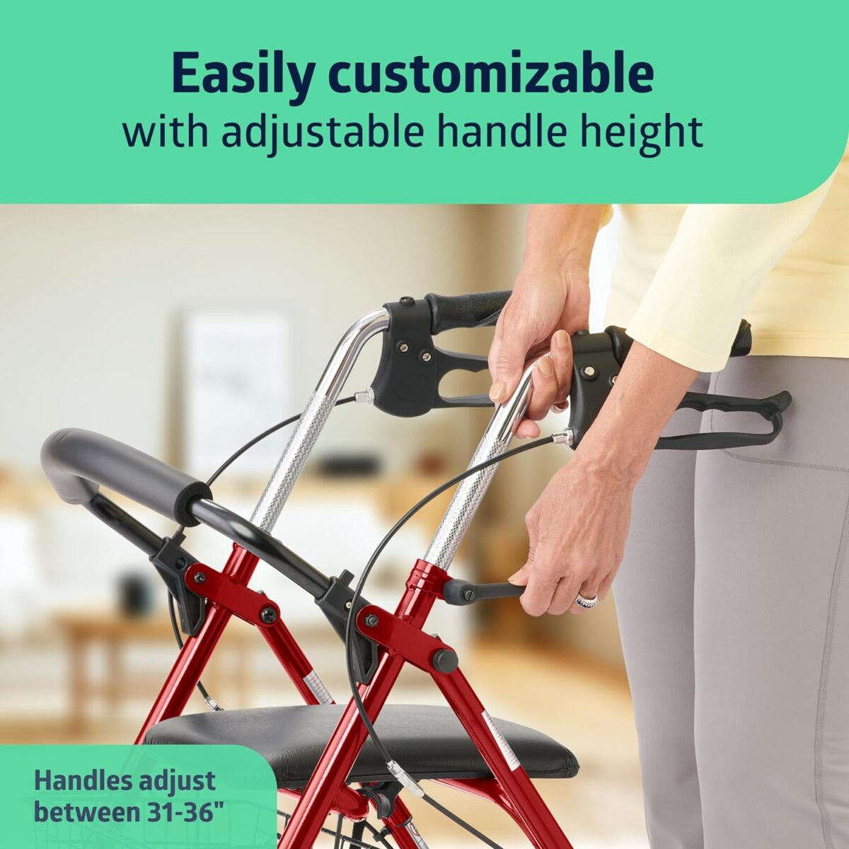 Medline Steel Rollator Walker with Seat, Red, 300 lb. Weight Capacity, 8” Wheels, Foldable, Adjustable Handles, for Seniors, for Mobility Impairment - Image 3