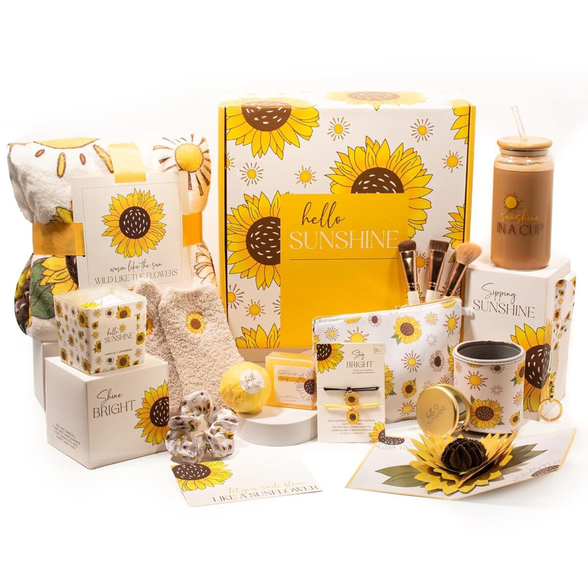 The Love Crate Co Sunflower Gifts for Women, 15pc Gift Box for Birthdays, Get Well Soon Basket, Thinking of You Care Package, Sunshine and Wellness Presents for Women. - Image 1