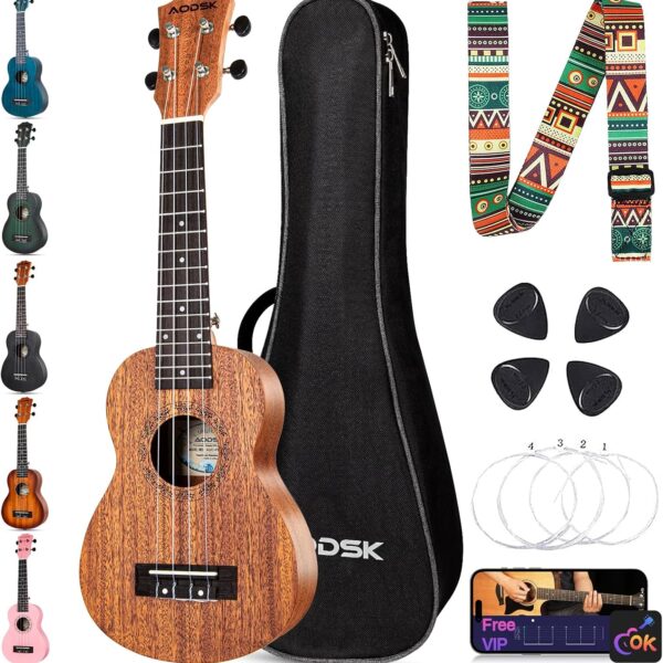 AODSK Soprano Ukulele for Beginner 21 Inch Ukelele with Gig Bag Strap Nylon String 4 Picks Holiday Gift