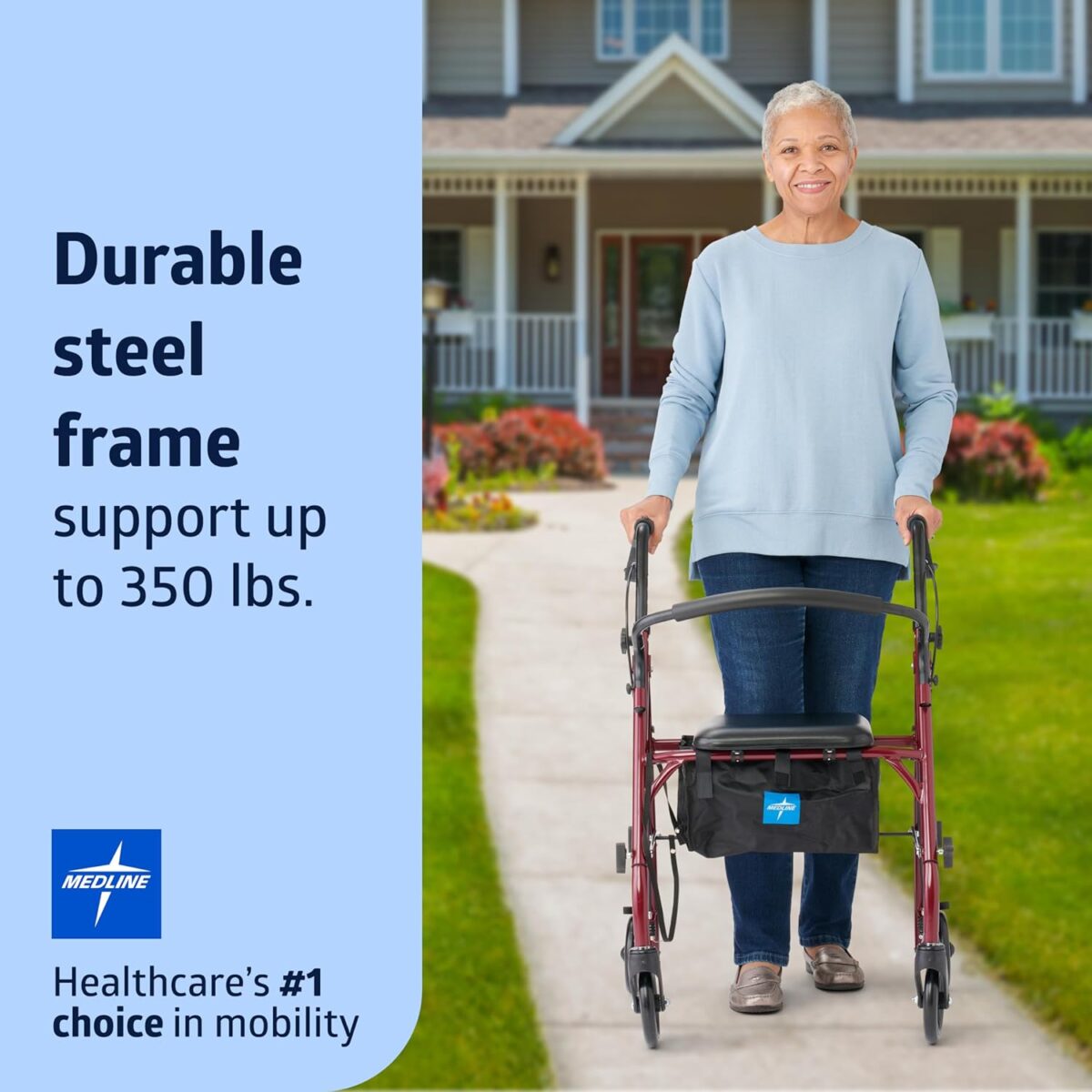 Medline Steel Rollator Walker with Seat, Burgundy, 350 lb. Weight Capacity, 6” Wheels, Foldable, Adjustable Handles, Rolling Walker for Seniors, Walker for Mobility Impaired - Image 2