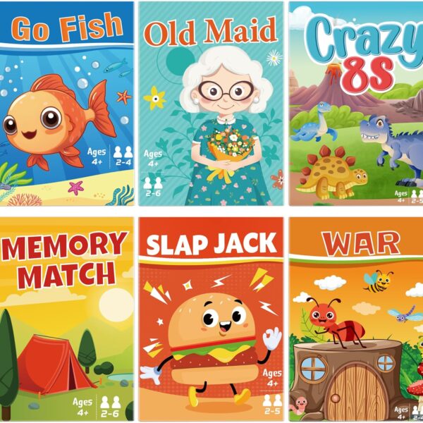 Card Games for Kids, Go Fish,Old Maid,Memory Match,Slap Jack,Crazy 8s,War -6 Pack Classic Fun & Educational Games for Family Game Night, Great Gift for Birthday Holiday Easter Basket Stuffers