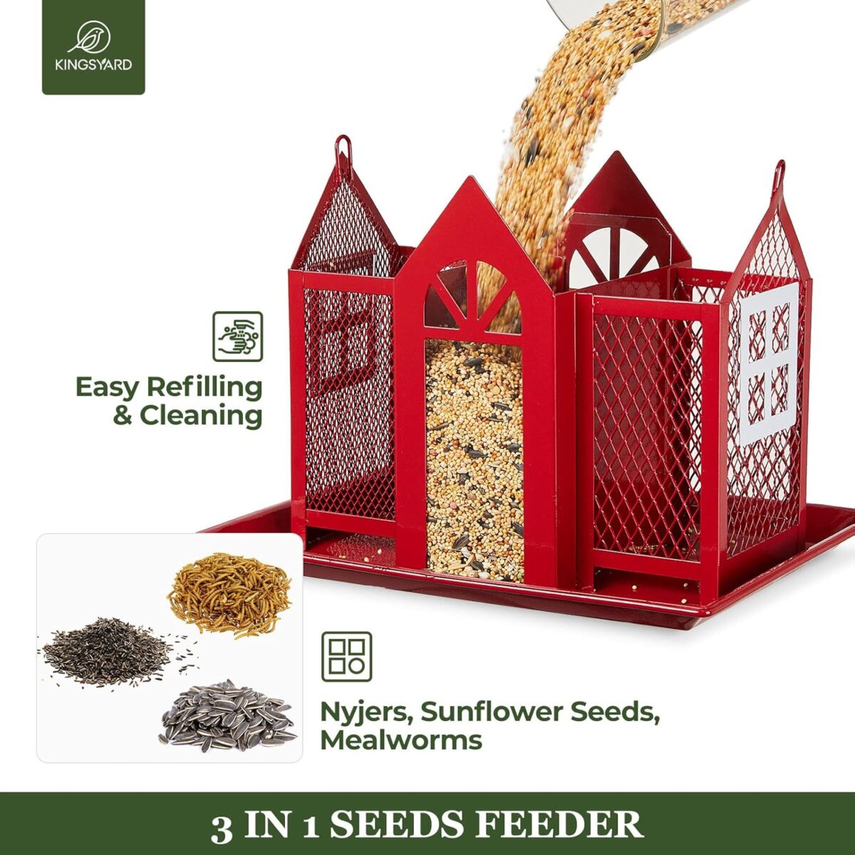Kingsyard Bird Feeder House for Outside, Metal Mesh Wild Bird Feeder with Triple Feeders for Finch Cardinal Chickadee, Large Capacity, Weatherproof and Durable, Red - Image 3