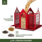 Kingsyard Bird Feeder House for Outside, Metal Mesh Wild Bird Feeder with Triple Feeders for Finch Cardinal Chickadee, Large Capacity, Weatherproof and Durable, Red - Image 3