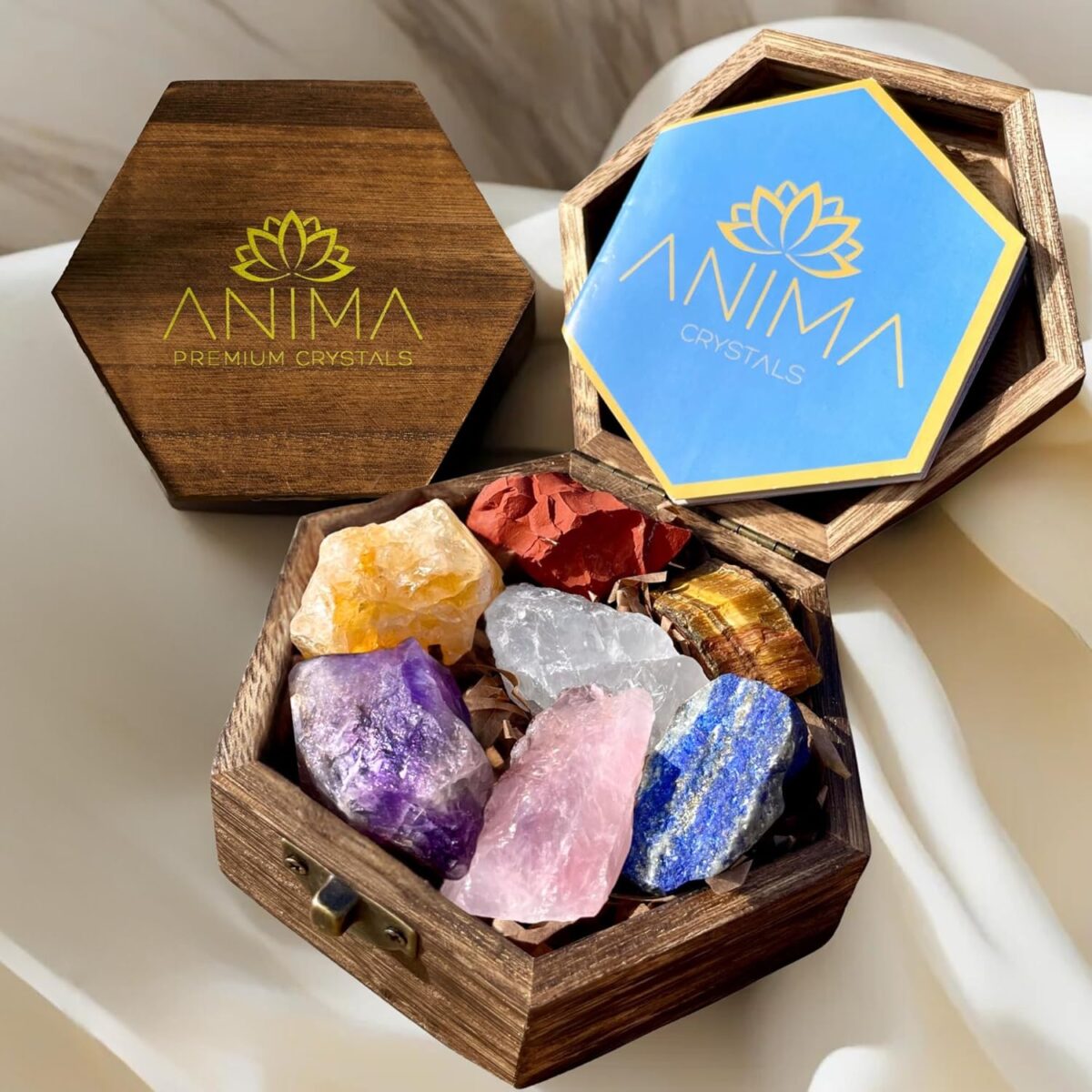 Premium 7 Chakra Stones Set – Large Raw Crystals and Healing Stones with Rose Quartz, Amethyst, and Lapis Lazuli in Wooden Box for Healing and Protection – Spiritual Gift for Women with Guide Booklet - Image 1