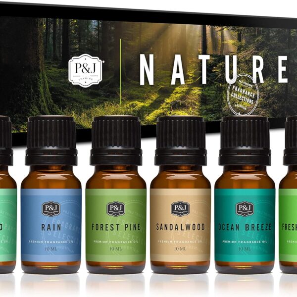 P&J Trading Nature Set of 6 Premium Grade Fragrance Oils - Forest Pine, Ocean Breeze, Rain, Fresh Cut Grass, Sandalwood, Bamboo - 10ml