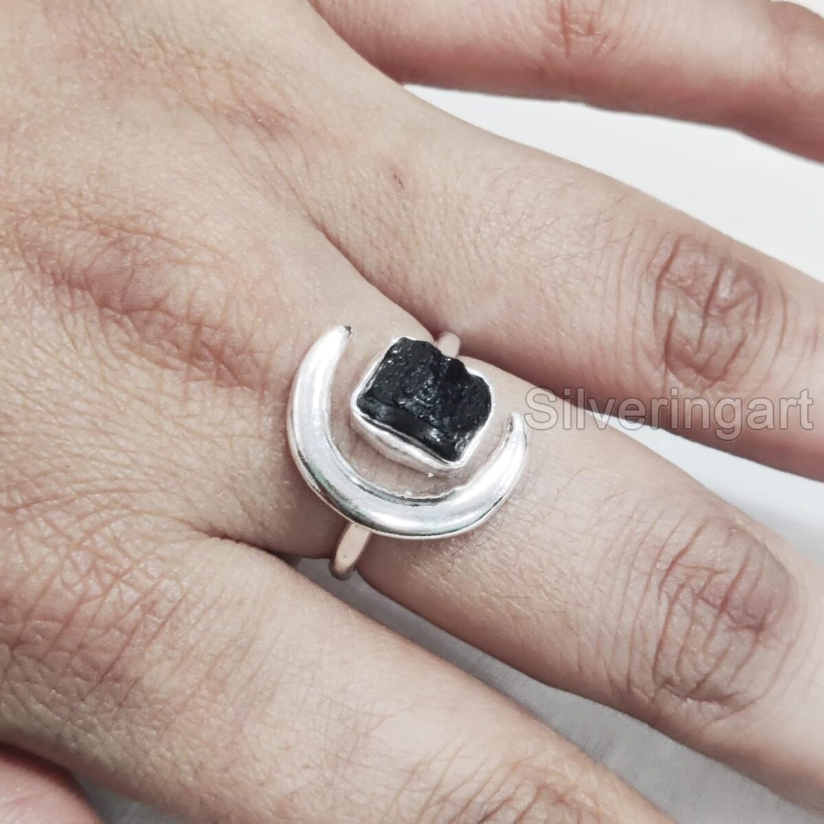 Natural Black Tourmaline Ring, Rough Tourmaline Crescent Moon Adjustable Ring, October, 925 Sterling Silver, Womens Ring, Christmas, Handmade, Statement Jewelry, Raw Gemstone Jewelry (10) - Image 5