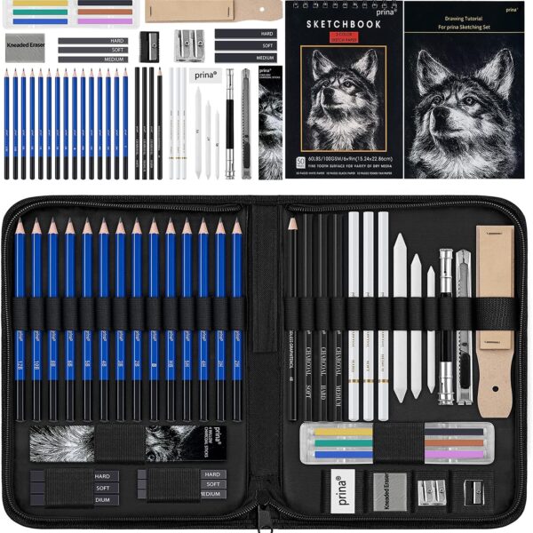 Prina 50 Pack Drawing Set Sketch Kit, Sketching Supplies with 3-Color Sketchbook, Graphite, and Charcoal Pencils, Pro Art Drawing Kit for Artists Adults Teens Beginner Kid, Ideal for Shading, Blending
