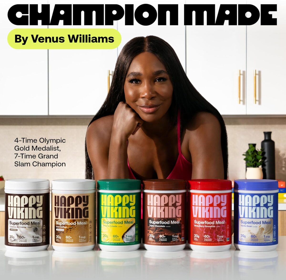 Happy Viking Variety Pack Plant Protein Powder, Created by Venus Williams, 20G Protein, Low Carb, Keto, Vegan, Gluten-Free, Non-GMO, Superfoods, Complete Meal Replacement, 8 Single Serve Packs - Image 2