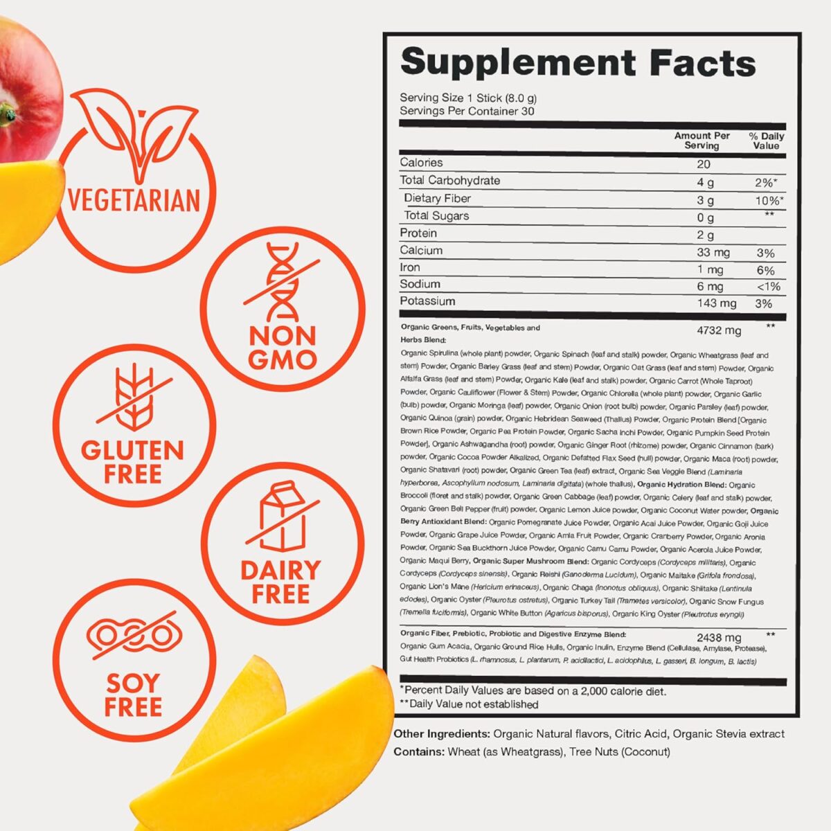 Zena Nutrition Organic Supergreens On-The-Go Powder, 70+ Superfoods, 0 Sugar, 3G Fiber, Spirulina, Chlorella, Antioxidants, Prebiotics/Probiotics, Digestive Enzymes, Mango, 30 Drink Mix Packets - Image 4