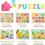 WOOD CITY Toddler Puzzles and Rack Set, Wooden Peg Puzzles Bundle with Storage Holder Rack, Educational Knob Puzzle for Kids Age 2 3 4 Years - Alphabet Number Shape Dinosaur Animal Vehicle - Image 2