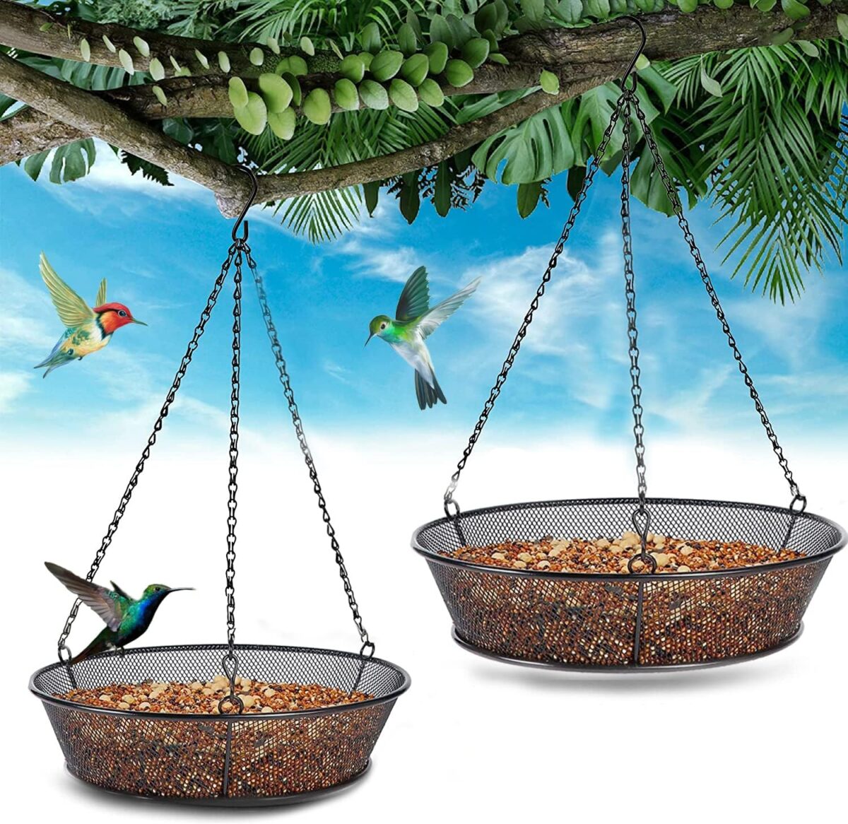 FLINTER 2 Pack Hanging Bird Feeder for Garden Yard Outside - Metal Mesh Platform Tray for Attracting Birds Outdoors - Image 1