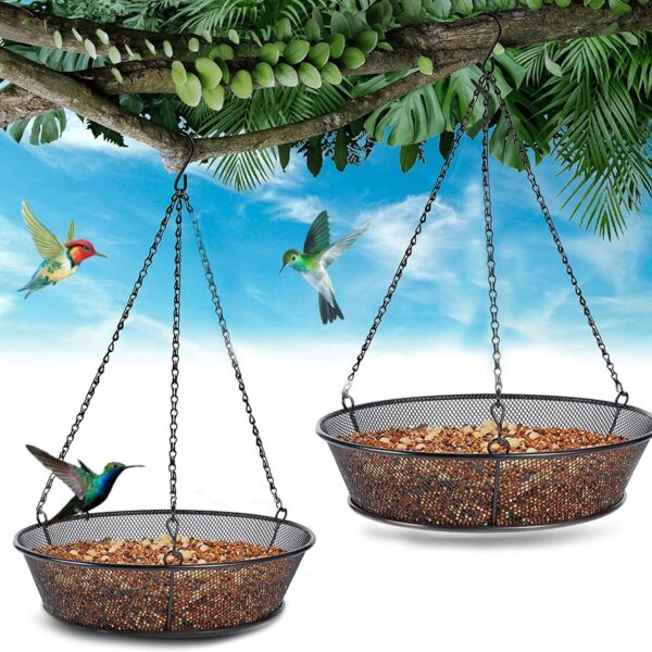 FLINTER 2 Pack Hanging Bird Feeder for Garden Yard Outside - Metal Mesh Platform Tray for Attracting Birds Outdoors