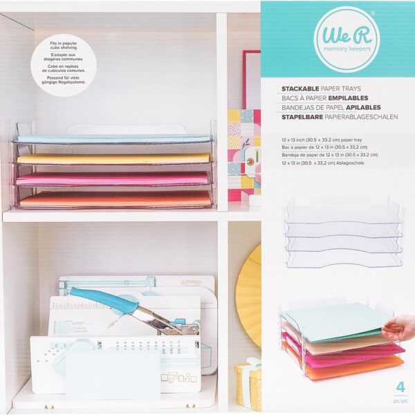 We R Memory Keepers, 12x12 Inch 4-Pack Stackable Trays, for Storing Paper, Letters, Scrapbooking Tools, and More, Organization System, Easy Assembly and Storage