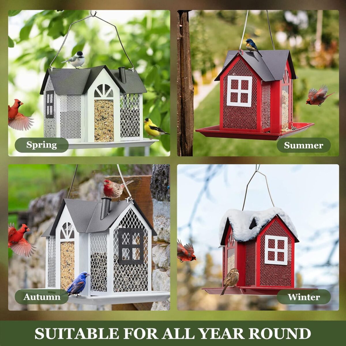 Kingsyard Bird Feeder House for Outside, Metal Mesh Wild Bird Feeder with Triple Feeders for Finch Cardinal Chickadee, Large Capacity, Weatherproof and Durable, Red - Image 6