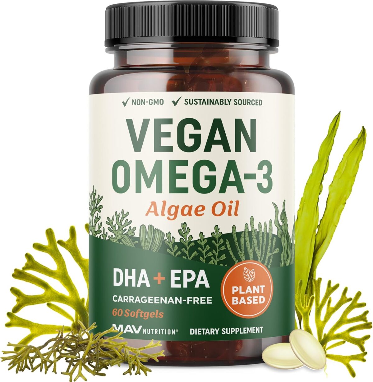 Vegan Omega 3 Algae Oil | Plant Based DHA EPA | Sustainably Sourced, No Carrageenan, Non GMO | Heart, Brain, and Eye Health | Fish Oil Alternative | Algae Omega 3 Supplement | 60 Softgel Capsules - Image 1