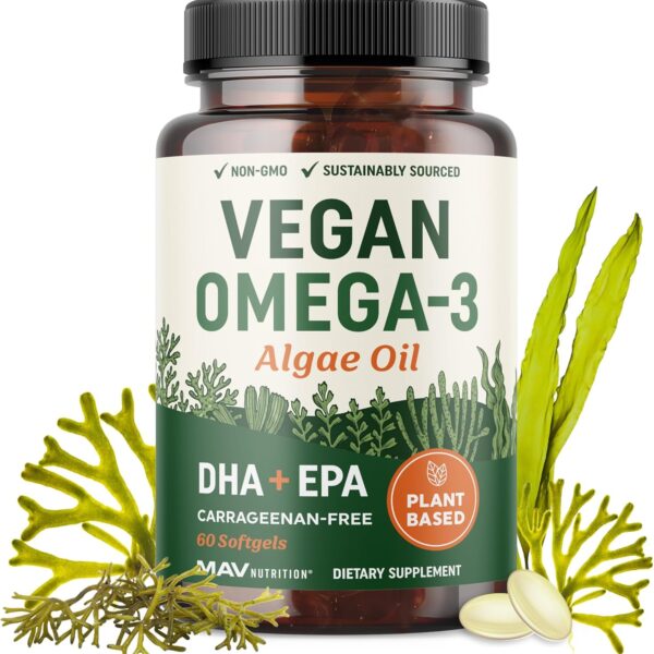 Vegan Omega 3 Algae Oil | Plant Based DHA EPA | Sustainably Sourced, No Carrageenan, Non GMO | Heart, Brain, and Eye Health | Fish Oil Alternative | Algae Omega 3 Supplement | 60 Softgel Capsules