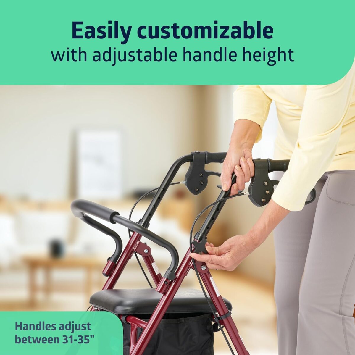 Medline Steel Rollator Walker with Seat, Burgundy, 350 lb. Weight Capacity, 6” Wheels, Foldable, Adjustable Handles, Rolling Walker for Seniors, Walker for Mobility Impaired - Image 3