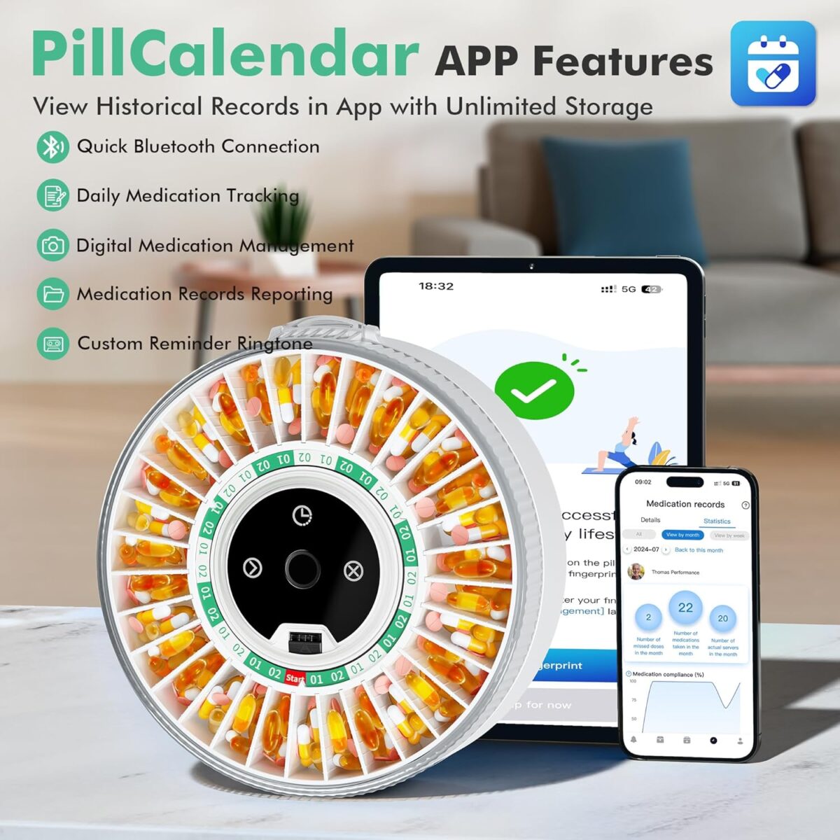 Windtrace Bluetooth Automatic Pill Dispenser for Elderly with Alarm, Smart Pill Dispenser with 31-Slot, Fingerprint& Mechanical Dual Lock Medication Dispenser, Timed Dispenser Machine (Green) - Image 6