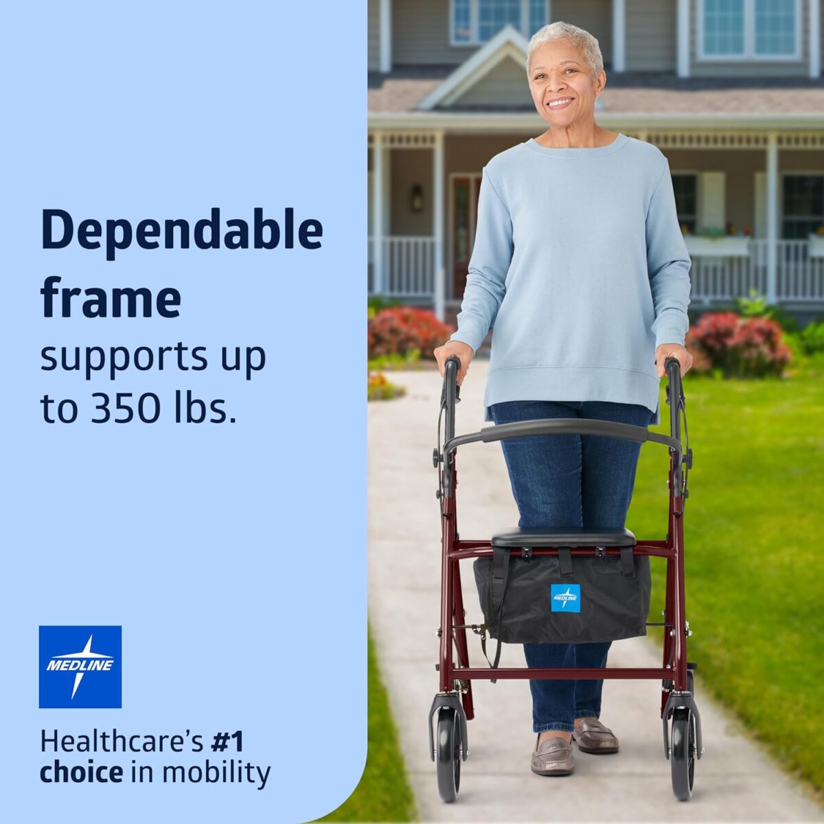 Medline Steel Rollator Walker for Adult Mobility Impairment, Burgundy, 350 lb. Weight Capacity, 8” Wheels, Foldable, Adjustable Handles, Rolling Walker for Seniors - Image 2
