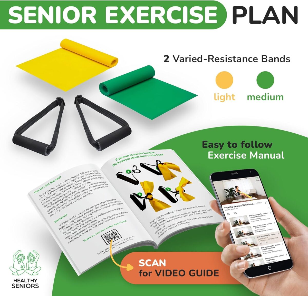 Resistance Bands for Physical Therapy - Pack of 2 Exercise Bands with Handles & a Detailed Guide Book - Adjustable Chair Exercises for Seniors Rehab at Home - Image 3