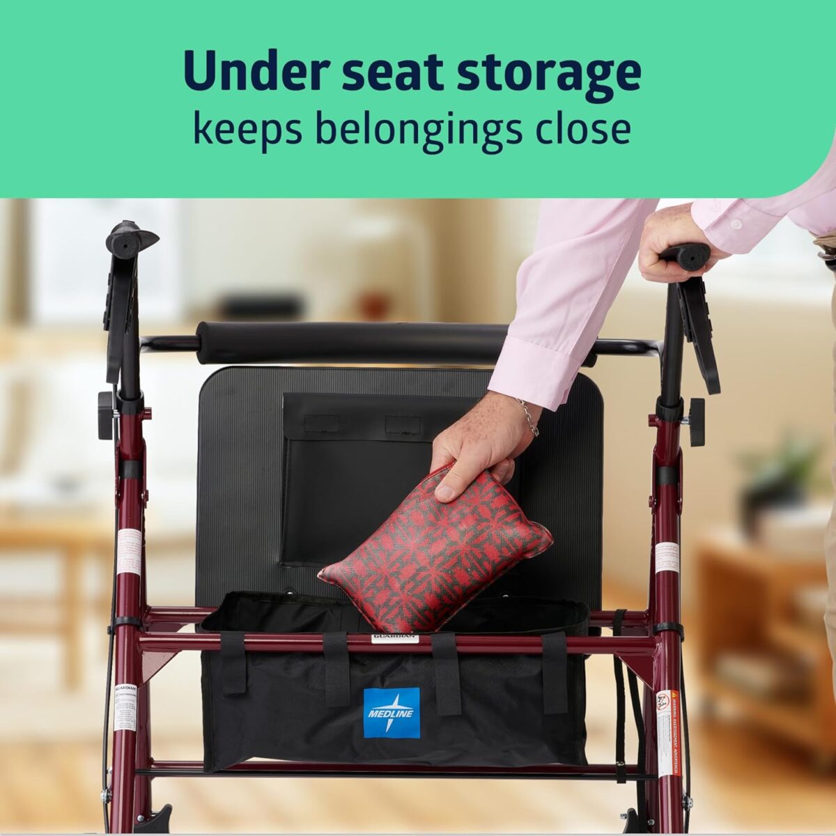 Medline Large Steel Bariatric Rollator Walker with Adjustable Handles,Padded Seat & Backrest,Burgundy, 500 lb.Weight Capacity,Foldable, Under Seat Storage,8" Wheels,Rolling Walker For Seniors & Adults - Image 5