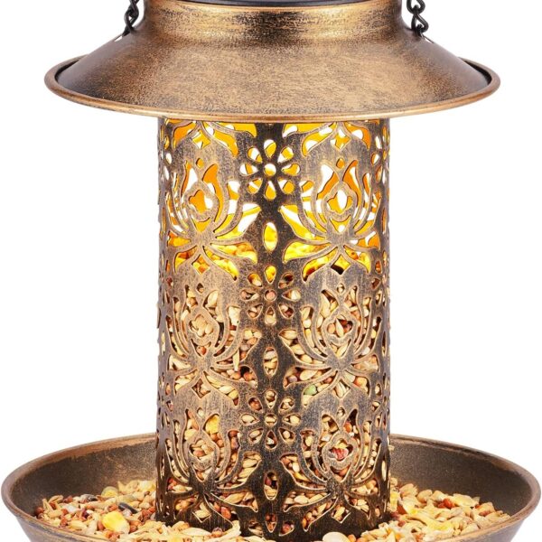 SWEETFULL Solar Bird Feeder for Outdoors Hanging, Metal Wild Bird Feeder for Cardinals Solar Garden Lantern with S Hook as Gift for Bird Lovers (2LBs Heavy Duty birdfeeders)