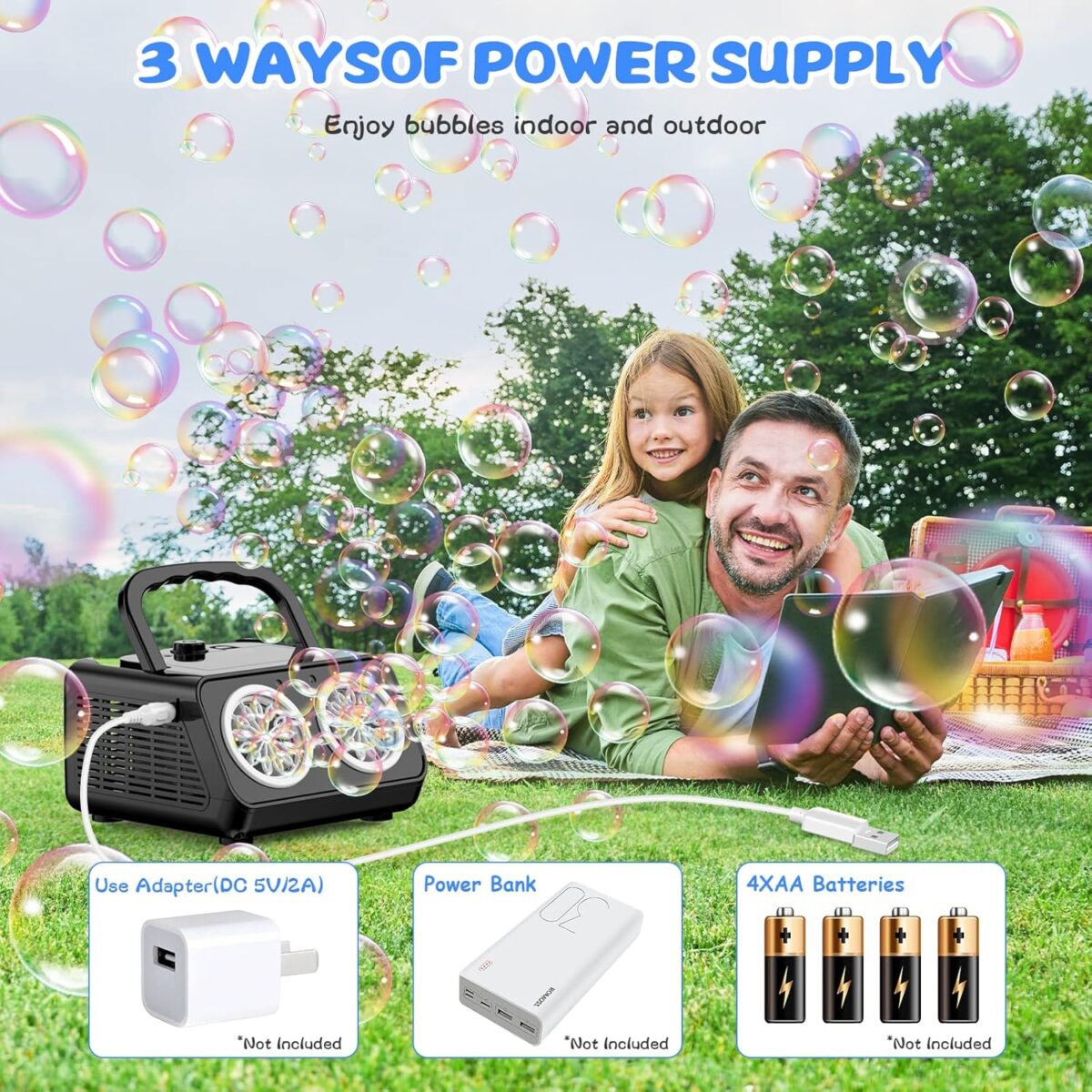 SHCKE Automatic Bubble Machine Upgrade Bubble Blower with 2 Fans, 20000+ Bubbles Per Minute Bubbles for Kids Portable Bubble Maker Operated by USB or Batteries for Outdoor Wedding Birthday Easter - Image 3