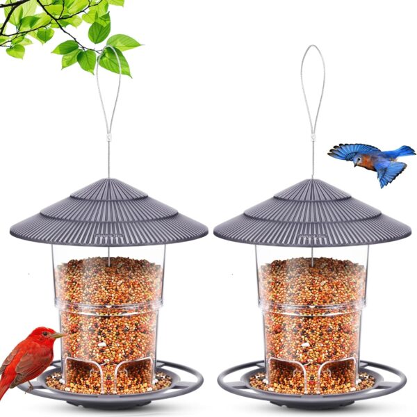 Bird Feeders for Outdoors, eWonLife Bird Feeder Outside Hanging, Squirrel Proof, Easy Clean and Fill, Adjustable Feeder with Sturdy Wire and Roof, Plastic, for Garden, Backyard, Terrace(25 OZ/Pack)