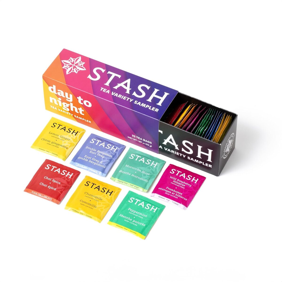 Stash Tea Day to Night Tea Sampler - Assorted Specialty Tea Gift Set, High to No Caffeine, 7 Flavors, 35 Tea Bags - Image 1