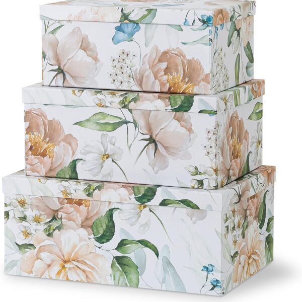 Soul & Lane Decorative Cardboard Storage Boxes with Lids for Home Decor and Organization, Set of 3 Large Keepsake Boxes for Memories & Gifts, Nesting Floral Photo Storage Containers, Floral Revival