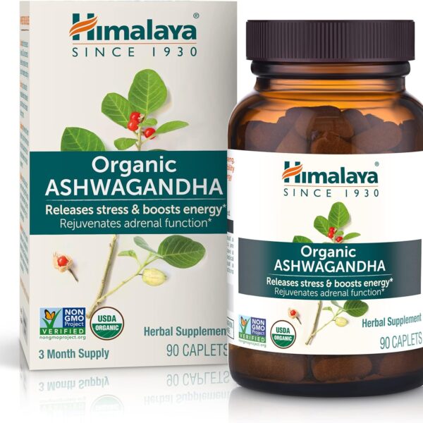 Himalaya Organic Ashwagandha, 90 Day Supply, Herbal Supplement for Stress Relief, Energy Support, Occasional Sleeplessness, USDA Certified Organic, Non-GMO, Vegan, Gluten Free, 670 mg, 90 Caplets