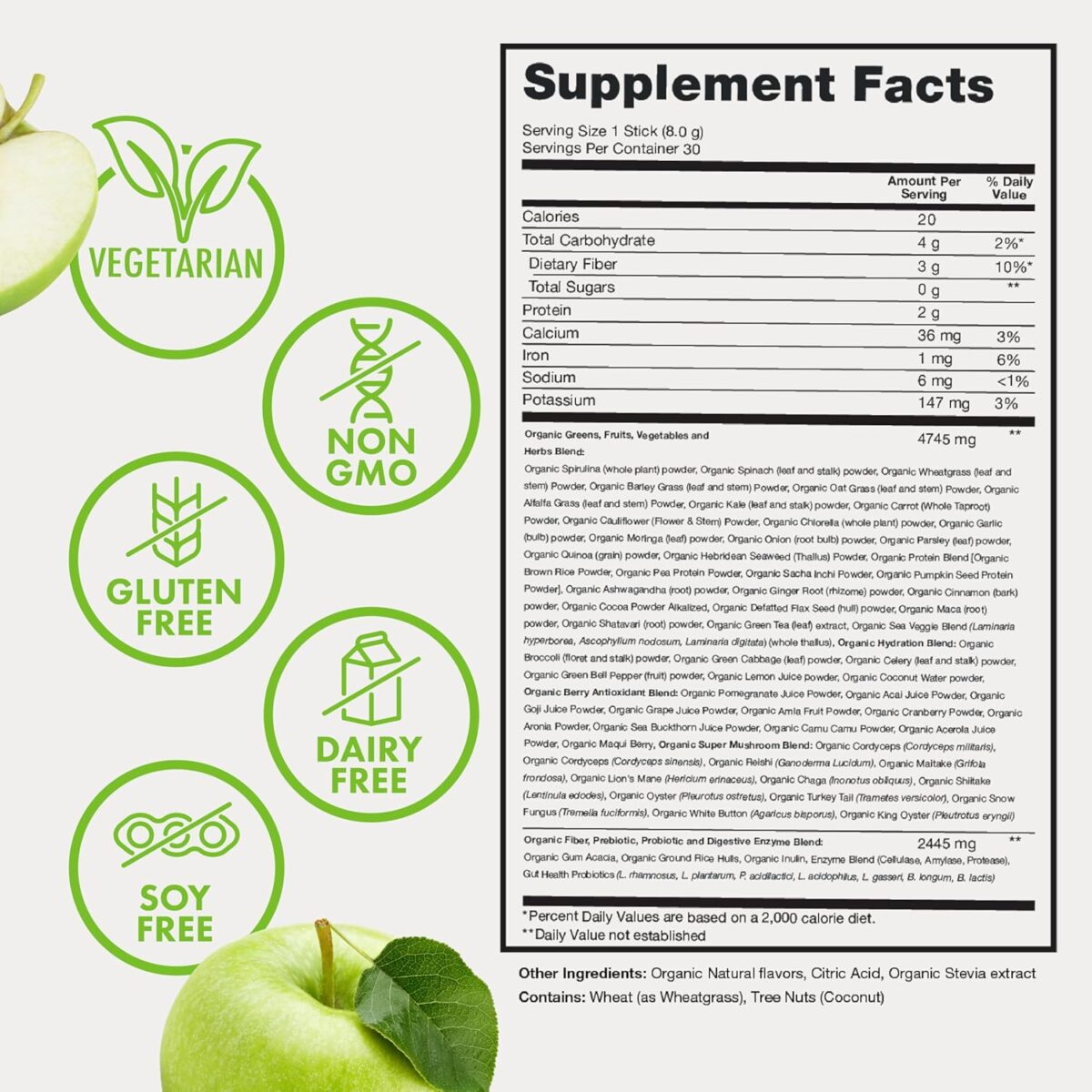 Zena Nutrition Organic Supergreens On-The-Go Powder, 70+ Superfoods, 0 Sugar, 3G Fiber, Spirulina, Chlorella, Antioxidants, Prebiotics/Probiotics, Digestive Enzymes, Green Apple, 30 Drink Mix Packets - Image 4