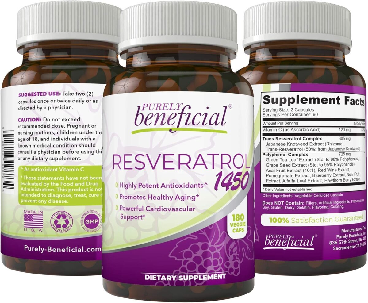 PURELY beneficial RESVERATROL1450-90day Supply, 1450mg per Serving of Potent Antioxidants & Trans-Resveratrol, Promotes Anti-Aging, Cardiovascular Support, Maximum Benefits (1bottle) - Image 1