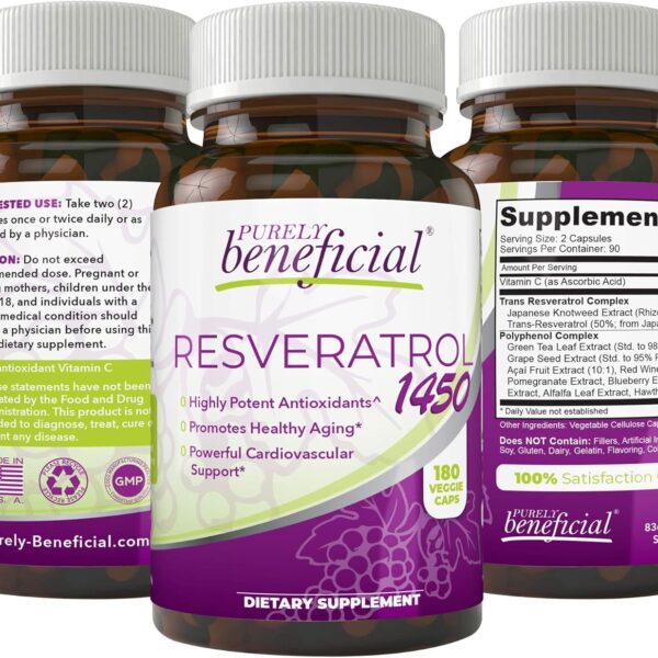 PURELY beneficial RESVERATROL1450-90day Supply, 1450mg per Serving of Potent Antioxidants & Trans-Resveratrol, Promotes Anti-Aging, Cardiovascular Support, Maximum Benefits (1bottle)