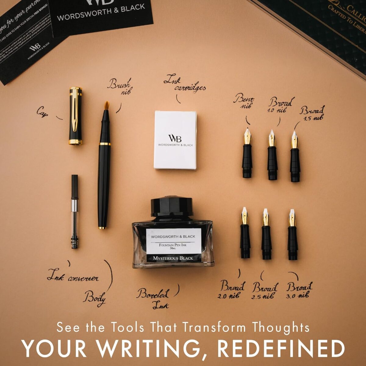 Wordsworth & Black Calligraphy Pen Gift Set, Includes Ink Bottle, 6 Ink Cartridges, Ink Refill Converter, 6 Replacement Nibs, Premium Package, Journaling, Smooth Writing Pens [Black Gold] - Image 4