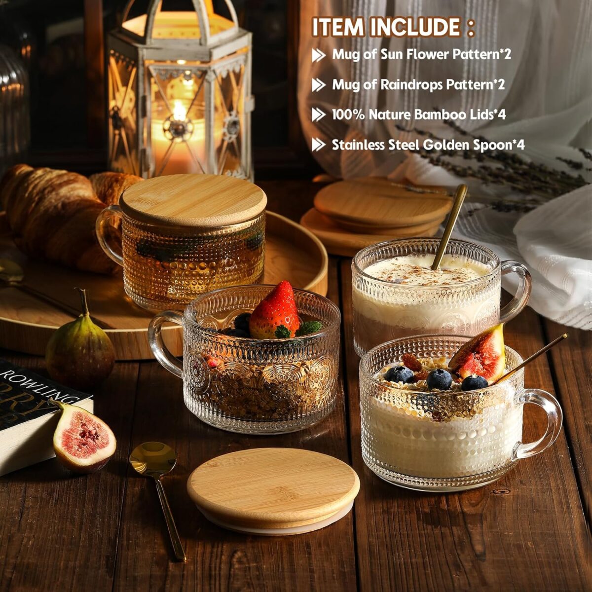 LANDNEOO 4pcs Set Vintage Coffee Mugs gifts for women, Overnight Oats Containers with Bamboo Lids and Spoons - 14oz Clear Embossed Glass Cups, Cute Coffee Bar Accessories, Iced Coffee Glasses - Image 2