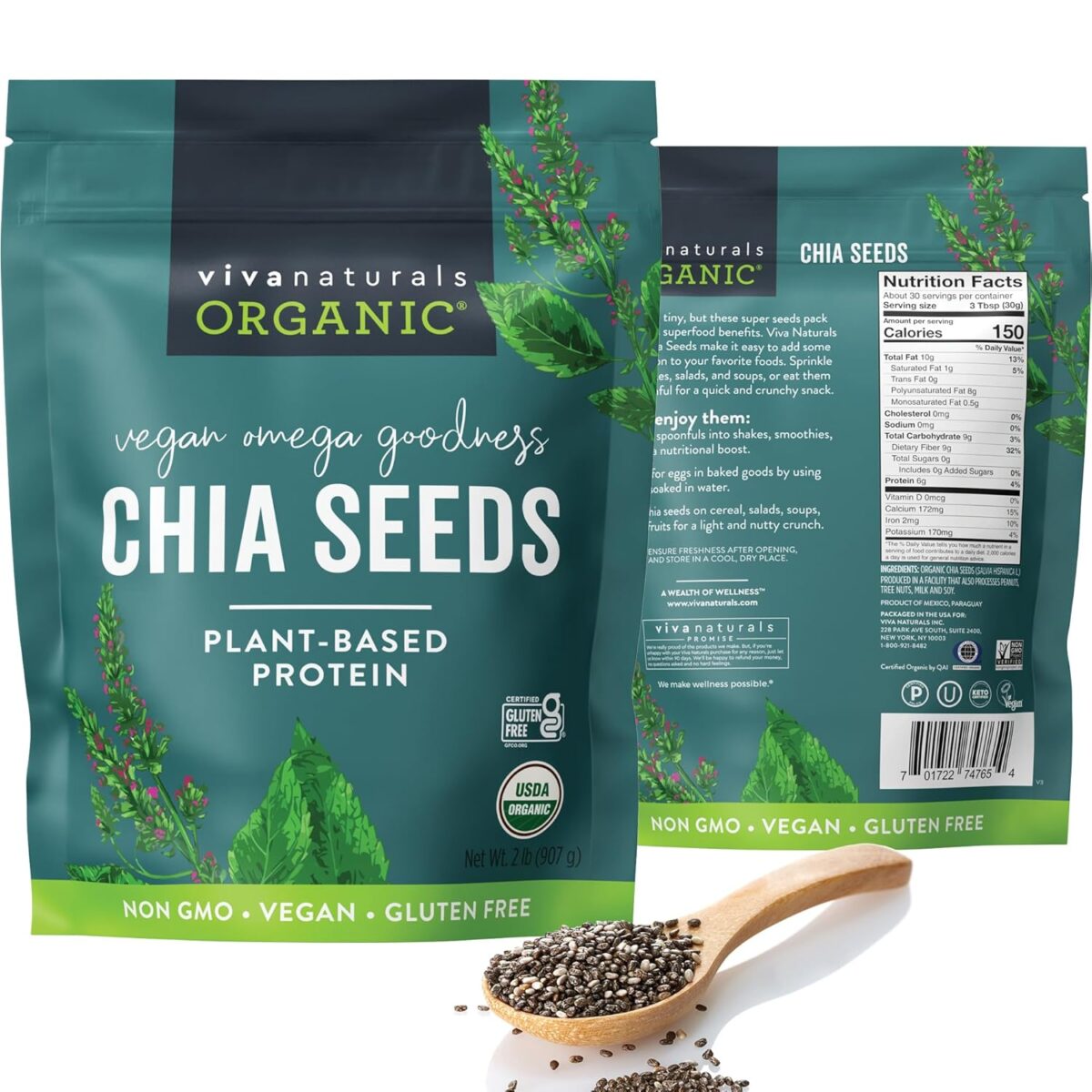 Viva Naturals Organic Chia Seeds 2 LBs - Plant-Based Omega-3 and Vegan Protein, Non-GMO Chia Seeds Organic Perfect for Smoothies, Salads and Chia Seed Pudding, Black Chia Seeds Bulk - Image 1
