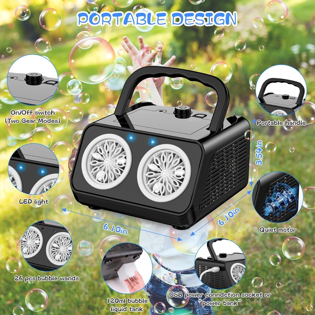 SHCKE Automatic Bubble Machine Upgrade Bubble Blower with 2 Fans, 20000+ Bubbles Per Minute Bubbles for Kids Portable Bubble Maker Operated by USB or Batteries for Outdoor Wedding Birthday Easter - Image 7