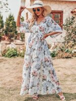 ANRABESS Women’s Summer Loose Boho Flowy Wrap V Neck 3/4 Sleeve Floral Print Slit Beach Wedding Guest Long Maxi Dresses - Image 2