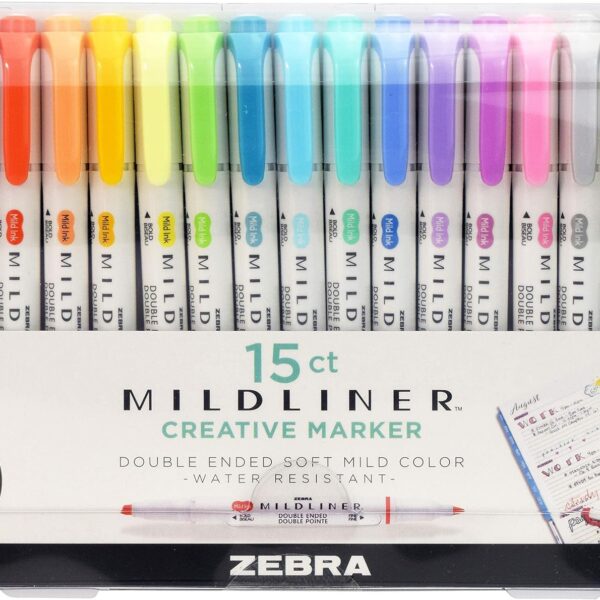 Zebra Pen Mildliner Double Ended Highlighter Set, Chisel and Bullet Tips, Assorted Ink Colors, 15-Pack