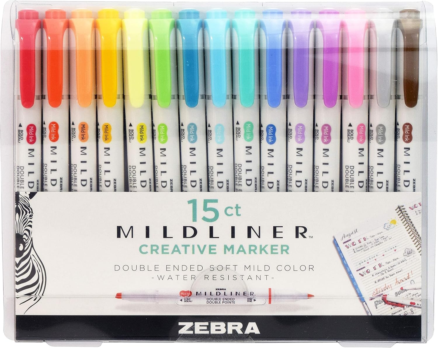 81iJYy5jnnL._AC_SL1500_.jpg Zebra Pen Mildliner Double Ended Highlighter Set, Chisel and Bullet Tips, Assorted Ink Colors, 15-Pack - Image 1