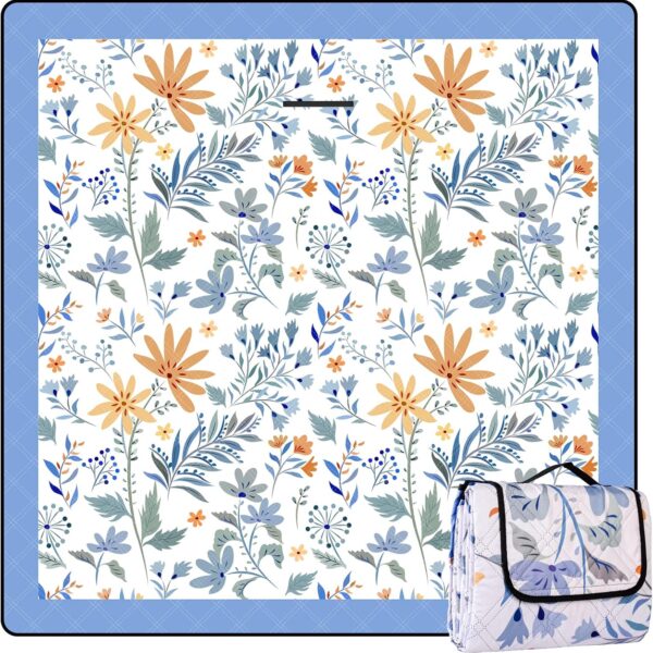 Picnic Blankets 79"x79" Extra Large Outdoor Blanket Beach Blanket Waterproof SandProof Picnic Mat Washable Foldable Portable for Grass Lawn Beach Camping (White with Flowers)