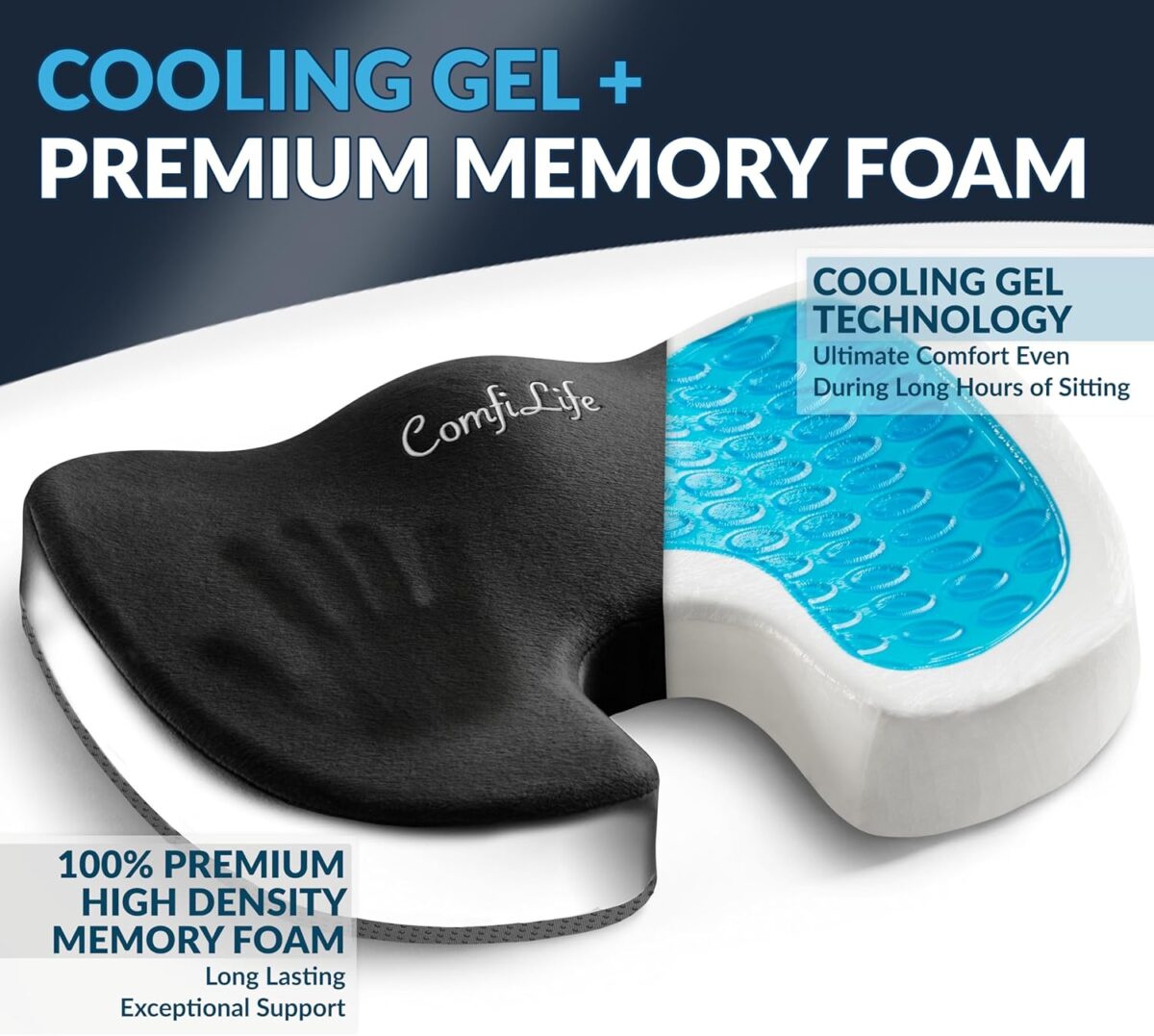 ComfiLife Premium Gel + Memory Foam Seat Cushion – Doctor Recommended Office Chair Cushion, Car Seat Cushion – Chair Cushions for Back & Sciatica Pain Relief – Seat Cushions for Office & Desk (Black) - Image 2