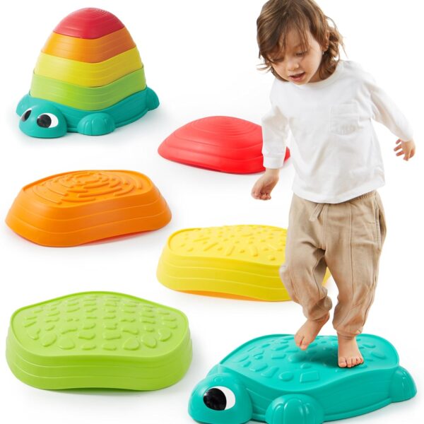 JOYIN 5 Pcs Turtle Balance Stepping Stones, Kids Turtle Path Jumping Stones, Toddler Obstacle Course Coordination Game Toys Indoor or Outdoor Play for Kids Aged 3+