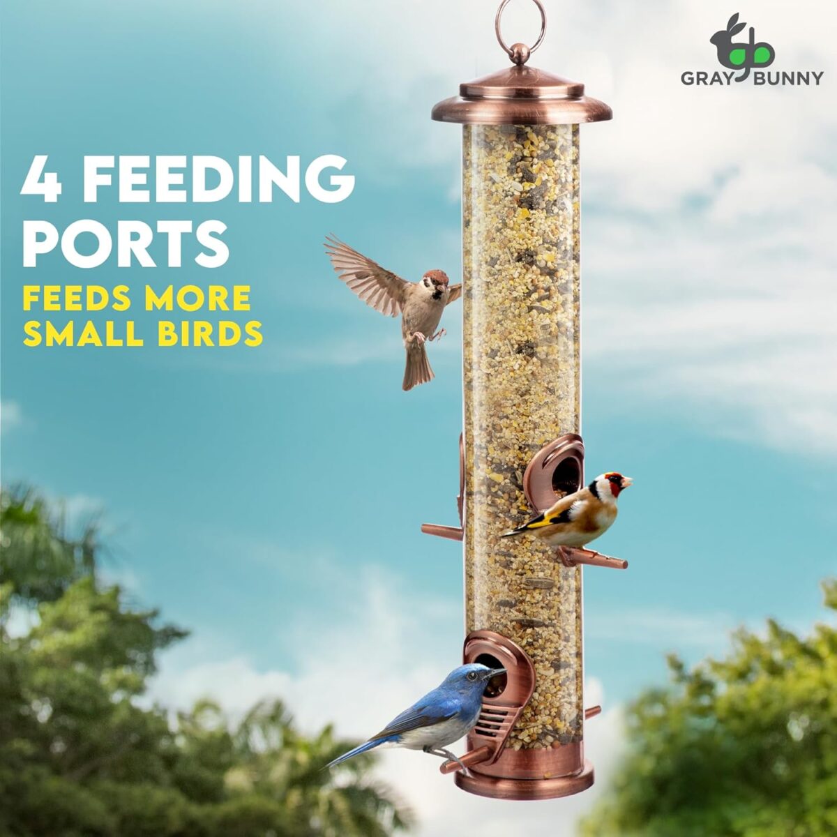 Bird Feeder for Outdoors (Brushed Copper) Squirrel Proof Hanging Bird Feeder with Locking Lid & Adjustable Hanger, Chew-Proof, Weather Resistant 14 Inches 4 Port - Image 3