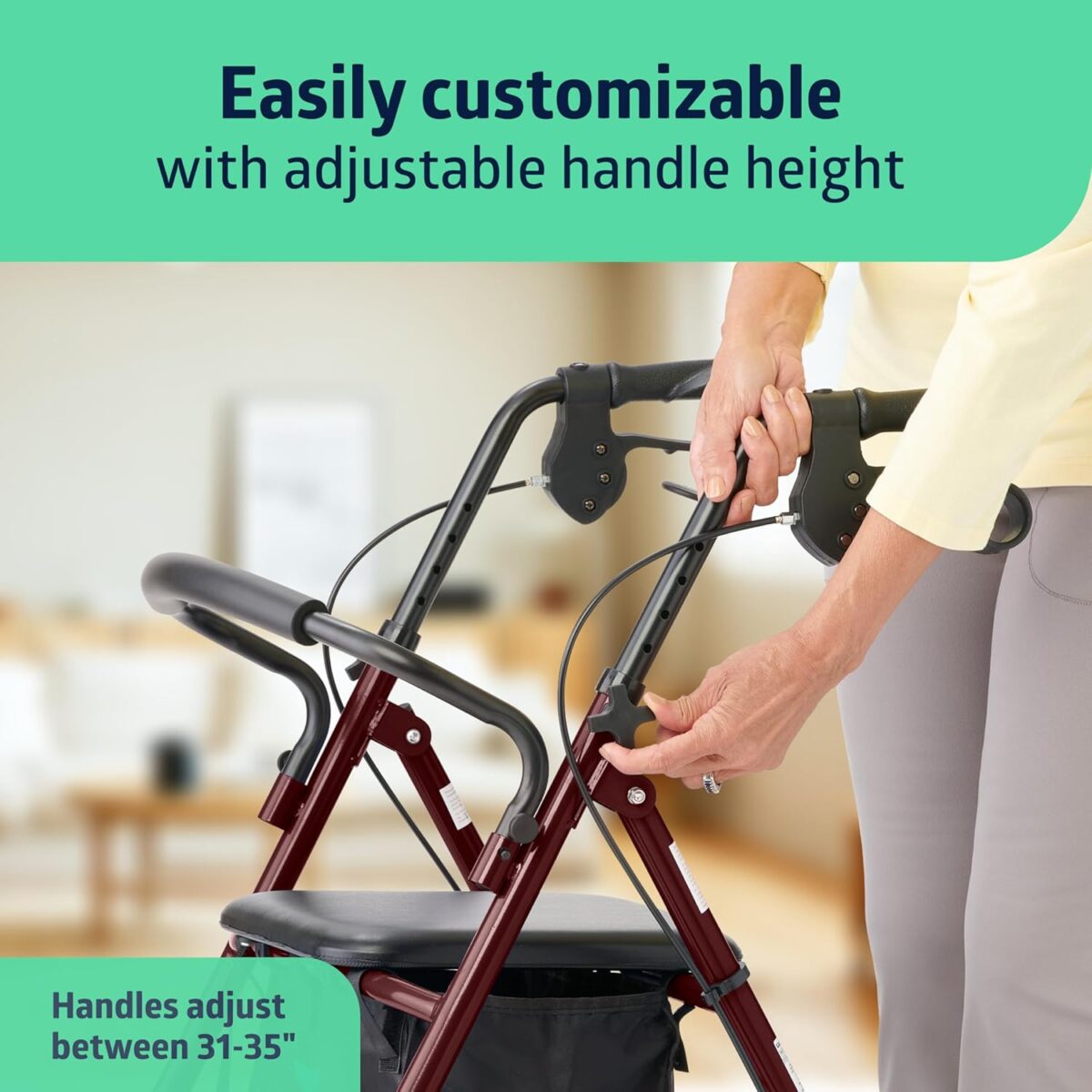 Medline Steel Rollator Walker for Adult Mobility Impairment, Burgundy, 350 lb. Weight Capacity, 8” Wheels, Foldable, Adjustable Handles, Rolling Walker for Seniors - Image 3