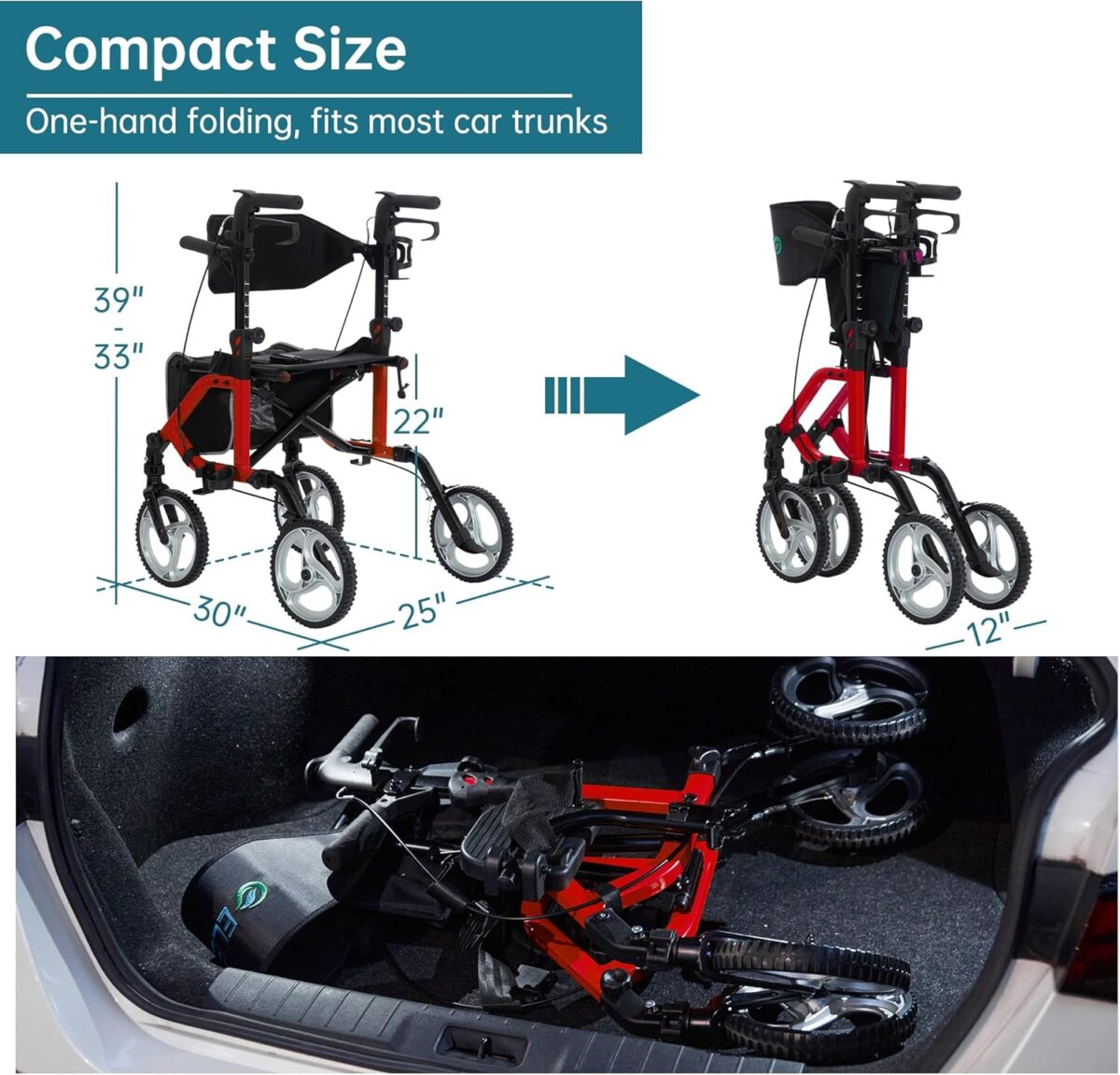 ELENKER 2 in 1 Rollator Walker & Transport Chair, Folding Wheelchair with 10” Non-Slip Wheels for Seniors, Reversible Backrest & Detachable Footrests, red - Image 6